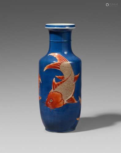 An iron-red decorated powder blue carp rouleau vase. Qing dy...