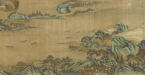 After Qiu Ying and Wen Zhengming. River landscape in blue-gr...
