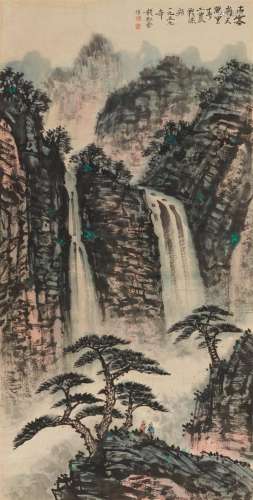 A waterfall in the mountains. Hanging scroll, Ink and colour...