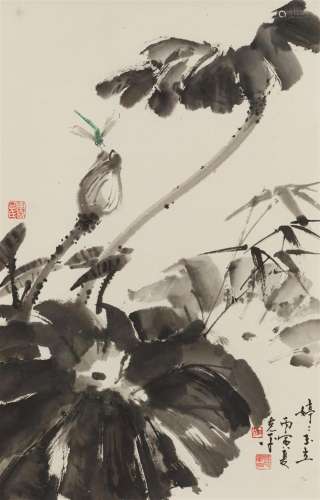 A dragonfly and lotus. Hanging scroll. Ink and colour on pap...
