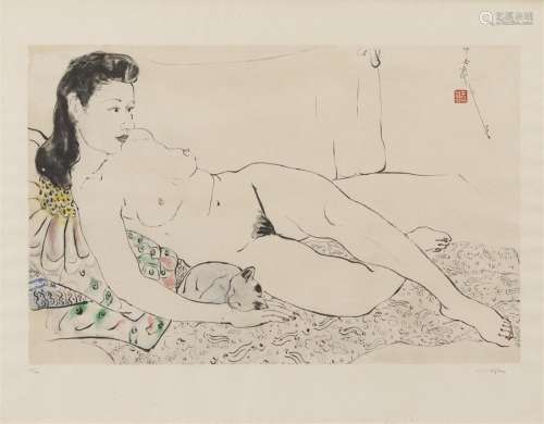 Nude with a cat. Lithograph, 115/125. Signed Yuliang, dated ...