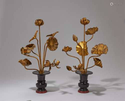 A pair of lacquered wood altar vases. Dated 1942