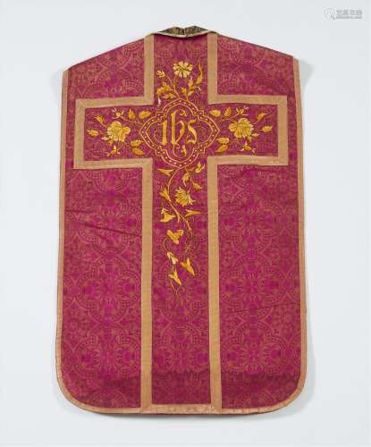 A dark red woven cotton liturgical vestment (chasuble). Prob...