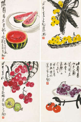 陈大羽（1912～2001） 瓜果 四屏镜心 设色纸本