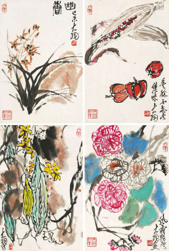 陈大羽（1912～2001） 瓜果花卉 四屏镜心 设色纸本