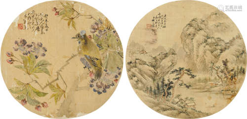 熊文镛（?～1917） 山水花鸟 （二帧） 立轴 设色绢本