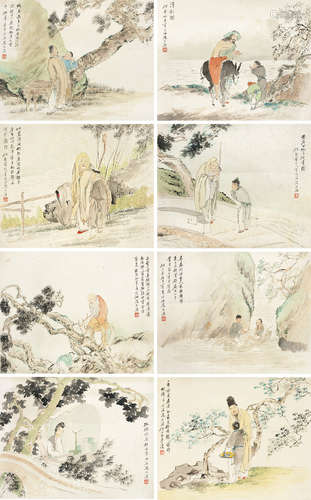 沈心海（1855～1941） 山水人物 （八帧） 镜心 设色纸本