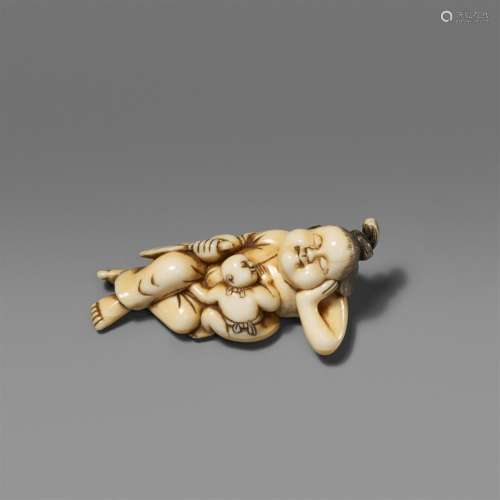 An ivory netsuke of a reclining Okame with a very young boy....