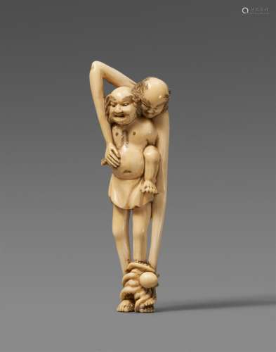 An ivory netsuke of an ashinaga and tenaga. 19th century