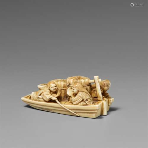 An ivory netsuke of three shojo in a boat. Late 19th century