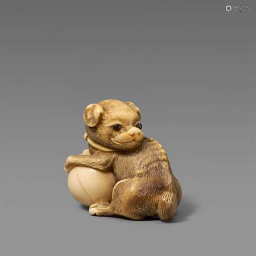 An ivory netsuke of a dog with a ball. Around 1800