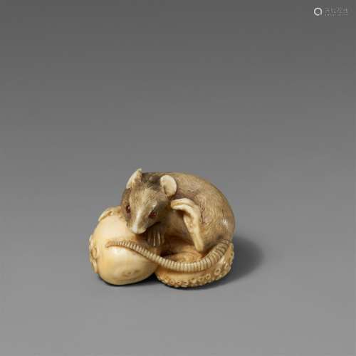 An ivory netsuke of a rat on a tentacle. Around 1900