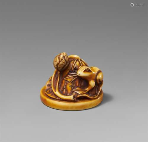 A stained ivory netsuke of a frog and a lotus leaf. Probably...