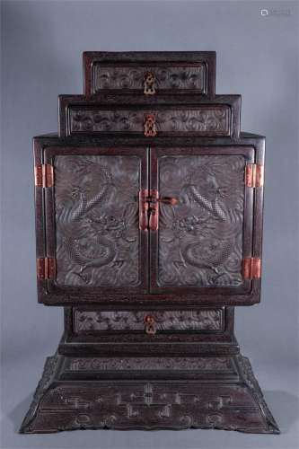A Chinese Zitan Wood Dragon Patterned Cabinet