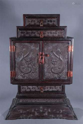 A Chinese Zitan Wood Dragon Patterned Cabinet