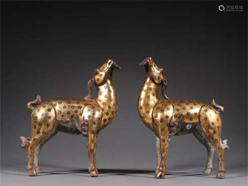 Pair of Chinese Gilt Bronze Deer Ornaments