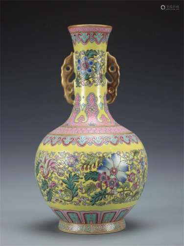 A Chinese Famille Rose Vase with Dragon Ear