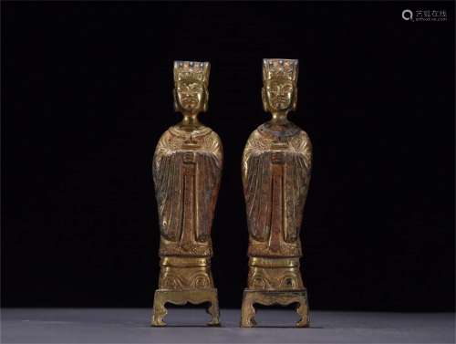 Pair of Chinese Gilt Bronze Figure Statures