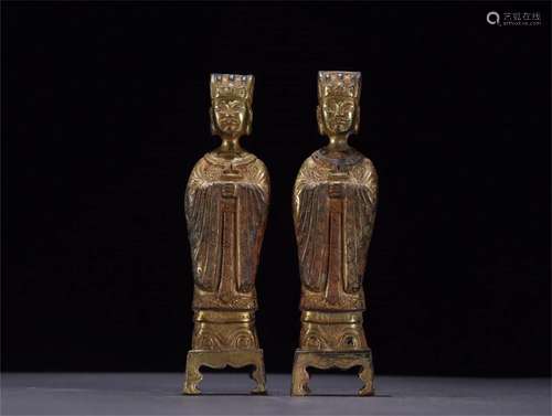 Pair of Chinese Gilt Bronze Figure Statures