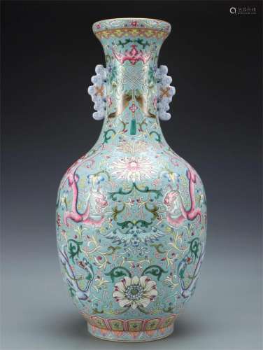 A Chinese Famille Rose Porcelain Vase with Double Ear