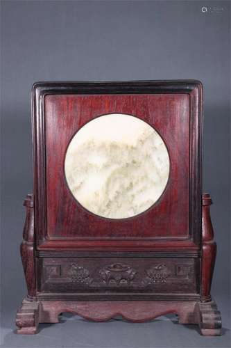 A Chinese Zitan Wood Table Screen with Stone Inlaid