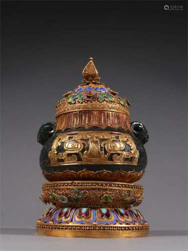A Chinese Jasper and Gilt Silver Incense Burner