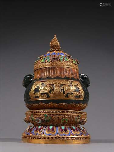 A Chinese Jasper and Gilt Silver Incense Burner