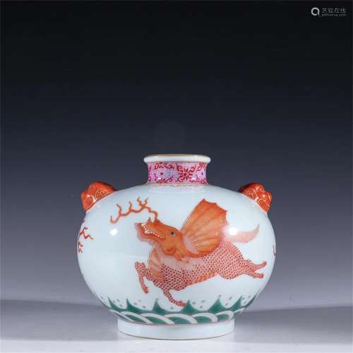 A Chinese Red Glazed Famille Rose Beast Shaped Jar