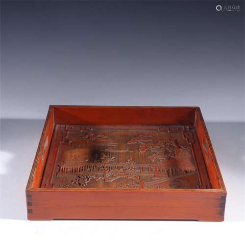 A Chinese Bamboo Square Plate with Landscape