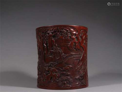 A Chinese Rosewood Brush Pot with Figure and Story