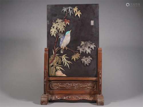 A Chinese Carved Stone Table Screen with Flower