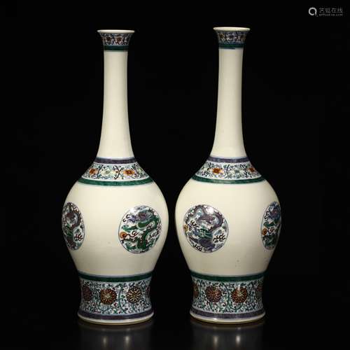 A pair of colorful dragon flower long necked bottles