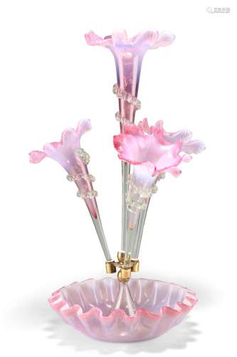 A VICTORIAN PINK AND VASELINE GLASS EPERGNE, with four trump...