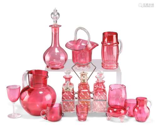 A COLLECTION OF VICTORIAN CRANBERRY GLASS, including silver-...