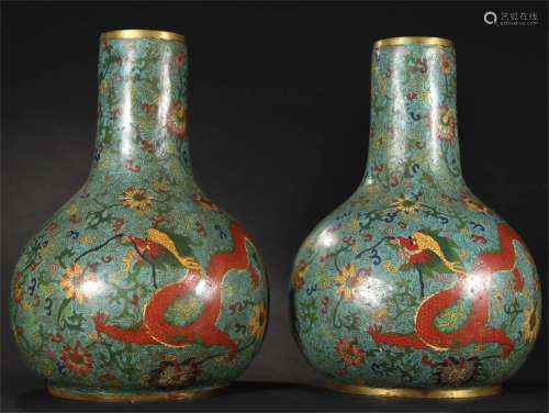 Pair of Chinese Cloisonne Globular Vases with Flowers