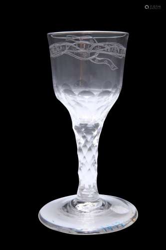 A WINE GLASS, CIRCA 1770,Â the ogee bowl engraved 'Honi...