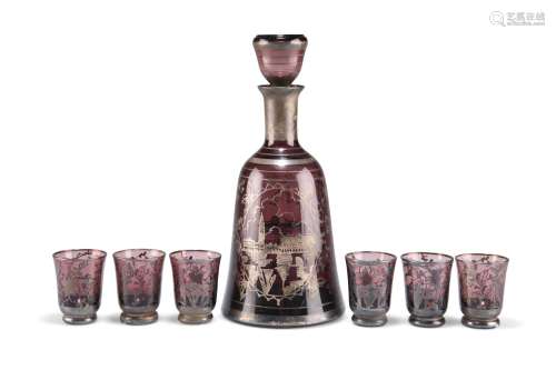 A VENETIAN SILVER LUSTRE AND AMETHYST GLASS DRINKS SET, comp...