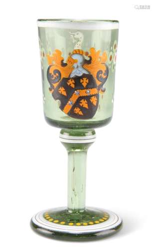 A 19TH CENTURY ARMORIAL GREEN GLASS TOT, with bucket bowl an...