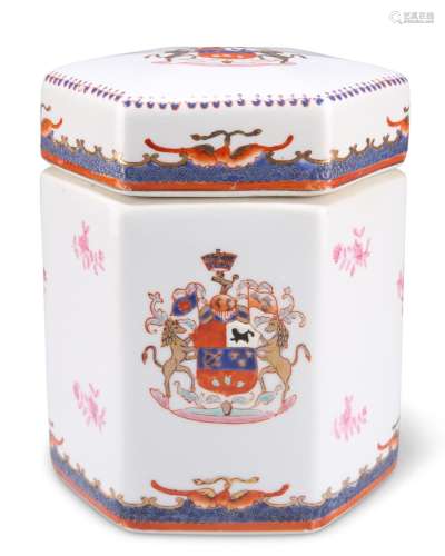 AN ARMORIAL TEA CADDY AND COVER, in Chinese Export style, of...