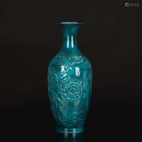 Peacock Blue Carved Porcelain Flower Bottle