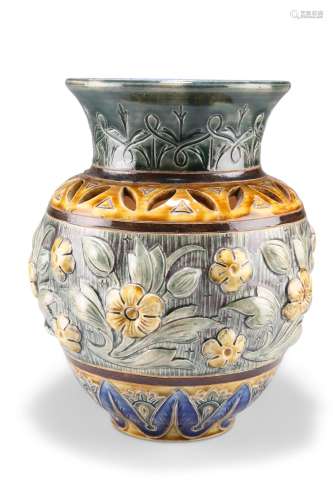 A DOULTON LAMBETH LARGE STONEWARE VASE, moulded with flowers...