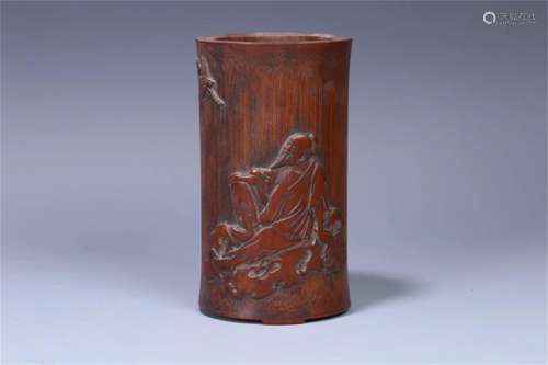 A Chinese Bamboo Brush Pot with Calligraphy