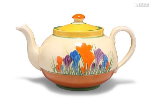 A CLARICE CLIFF CROCUS PATTERN TEAPOT, black printed Newport...