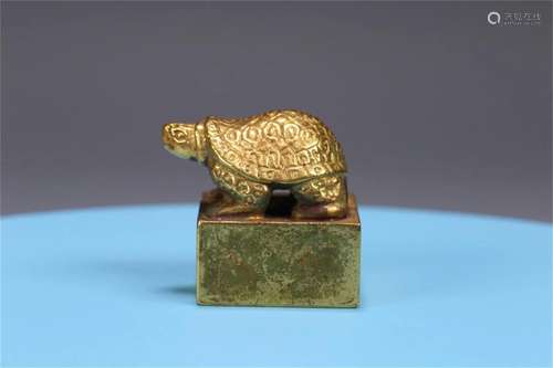 A Chinese Gilt Bronze Turtle Topped Seal