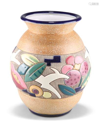 AN ART DECO AMPHORA POTTERY VASE, decorated with deer, flowe...