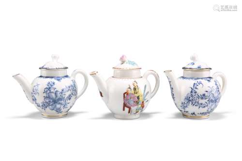 THREE ROYAL WORCESTER MINIATURE TEAPOTS, including two blue ...