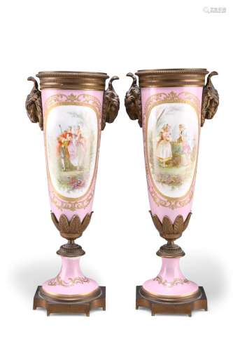 A PAIR OF 19TH CENTURY SÃVRES-STYLE GILT-METAL MOUNTED VASE...