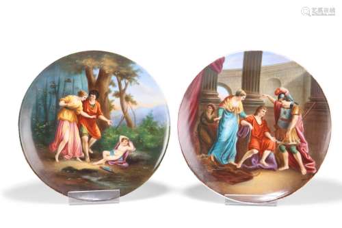 TWO VIENNA CABINET PLATES, painted with titled scenes of Mio...
