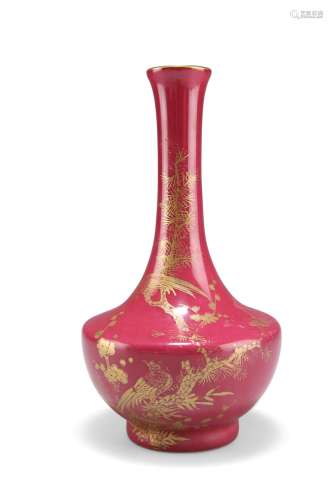 A CHINESE RUBY RED-GLAZED VASE, bottle-shaped, gilded with b...