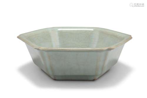 A CHINESE CELADON BOWL, hexagonal, with inverted corners, be...